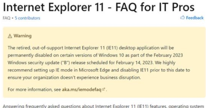 经典落幕：微软宣布2023年2月永久禁用IE11浏览器