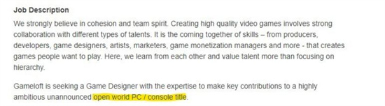 Gameloft正打造PC主机开放世界3A多人游戏