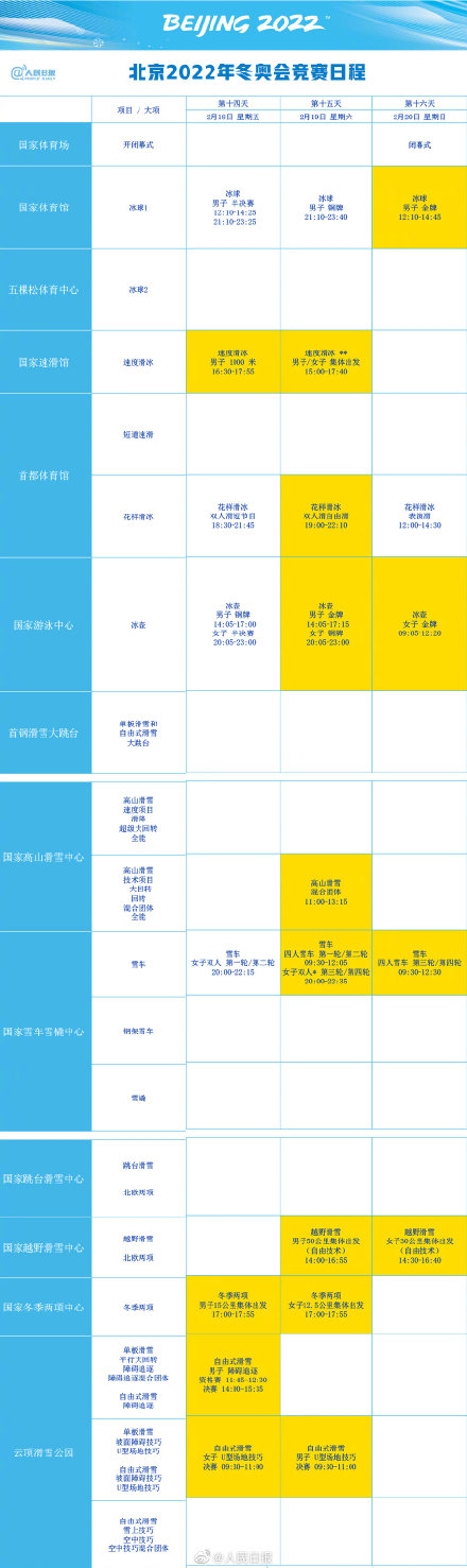 2022北京冬奥会观赛日历 北京2022年冬奥会全赛程表